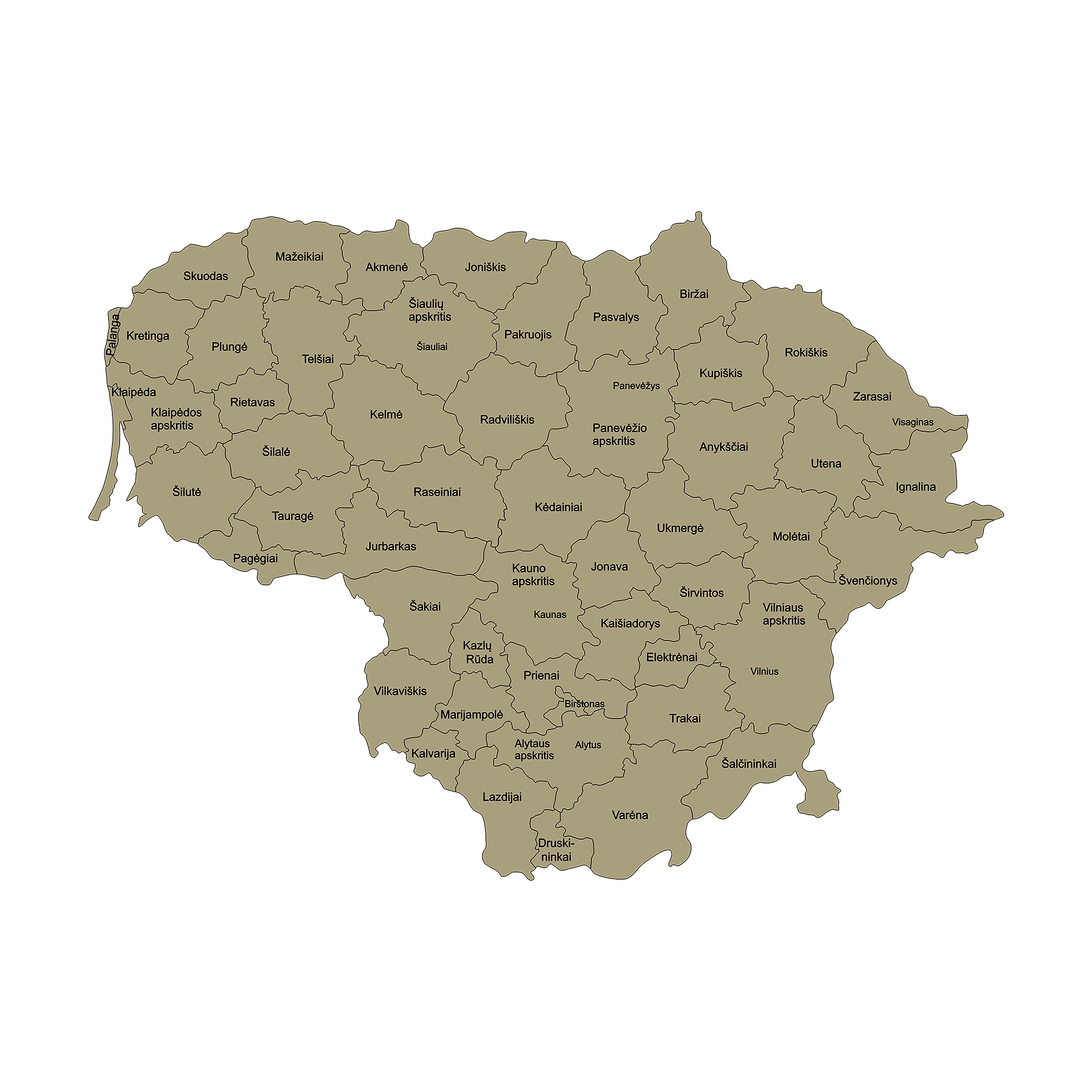 Outlines of Lithuanian regions and counties